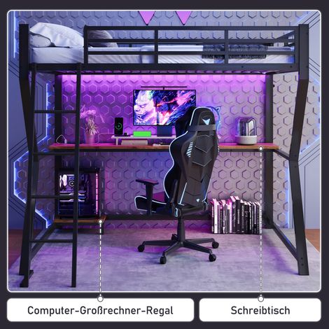 Lit mezzanine 90 x 200 cm avec éclairage LED, étagère pour console d'ordinateur, bureau, prise électrique et port USB, rambarde, escalier, matelas non inclus, noir (1/5)