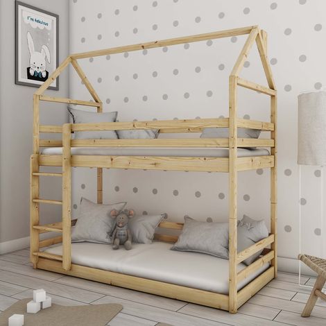 Lit cabane superposé 90x200 au sol sommiers inclus Louis Bois