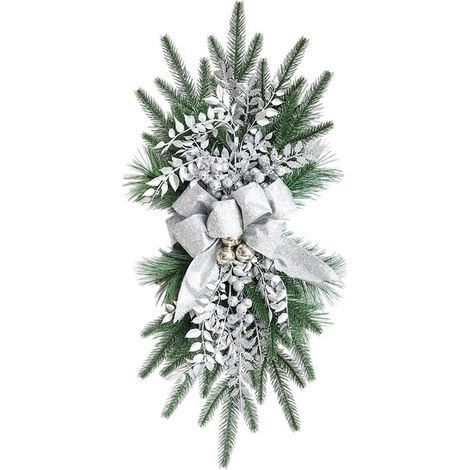 Guirlande de Noël artificielle 22'' en forme de larme avec grand nœud imprimé, boules de Noël, rose, neige, branches givrées, couronne d'escalier pour décoration intérieure C