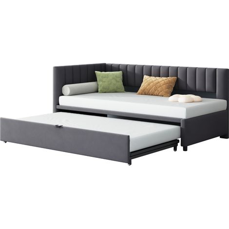 Lit avec rangement type canapé-lit en velours gris 90x200 cm, lit gigogne extensible, sommier à lattes inclus (1/5)