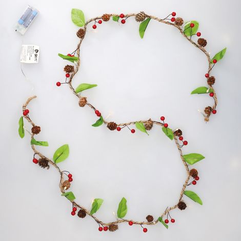 Guirnalda LED de hojas, piñas y bayas rojas 2M Luz cálida (1/5)
