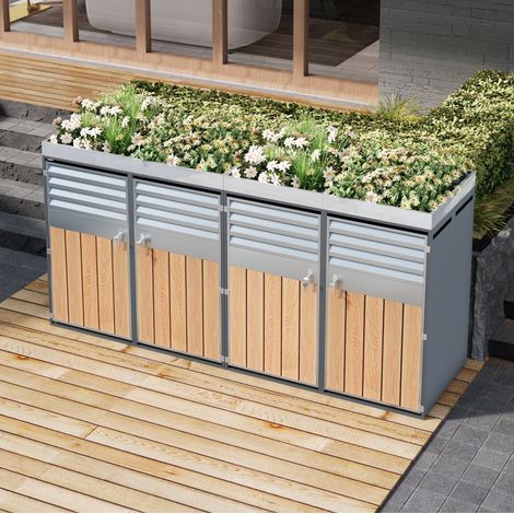 Mueble de almacenamiento exterior para cubos con jardinera, 4 compartimentos, gris DESVIAE (1/5)