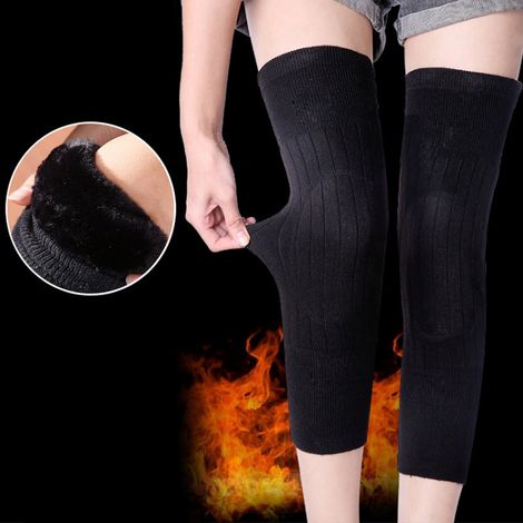 1 Paire de genouillères épaisses chaudes hivernales, protège-jambes anti-gel avec doublure thermique, chaussettes longues adaptées pour hommes et femmes âgés, idéales pour le cyclisme - Couleur noir (1/5)