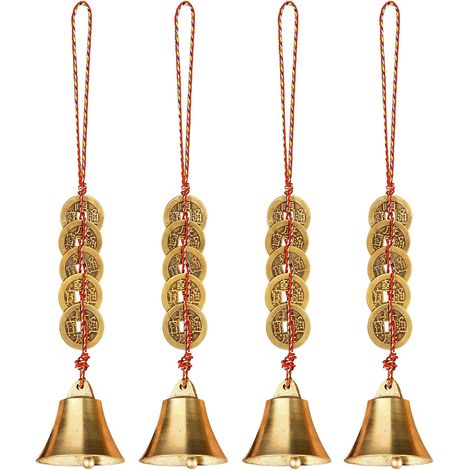 Lot de 4 cloches Feng Shui chinoises pour la richesse et la sécurité - En laiton - Avec clochette - Carillon Feng Shui chinois - Carillon à vent vintage en métal - Pour bonheur, succès et paix