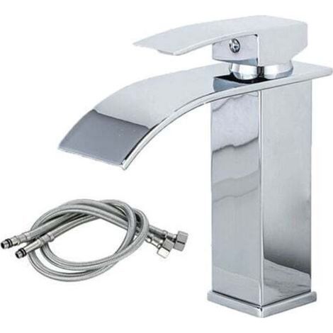 [JAMAIS UTILISÉ] Robinet Lavabo Cascade, MISE À NIVEAU Moderne Mitigeur Salle de Bain, Robinetterie Grand Bec Carré en Laiton, Eau Chaude et Froide Disponible, argent (1/4)