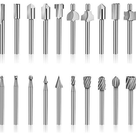 Fraises à toupie HSS, 20 pièces 3 mm 1/8" tige kit d'accessoires de toupie à bois, fraises à toupie pour outil multifonction rotatif Dremel Foredom Proxxon. (1/4)