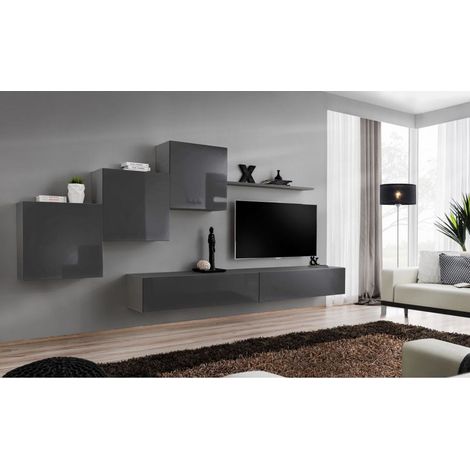 Ensemble mural - Switch I - 3 vitrines carrées grises + 2 bancs TV gris + 1 étagère grise - Livraison gratuite