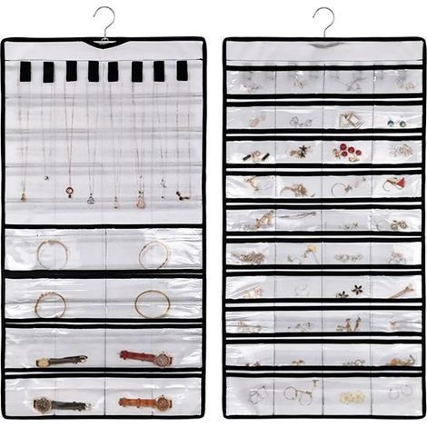 Organizer bianco a doppia faccia per gioielli e orologi, da appendere, con 48 tasche trasparenti. (1/5)