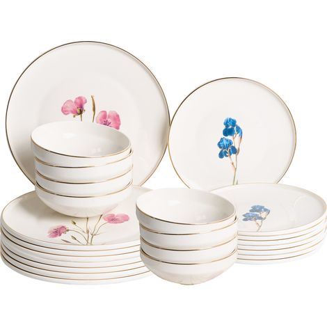 Vajilla de 24 piezas de porcelana acabado esmaltado con diseño floral multicolor para 8 personas comedor cocina blanco Hyssop