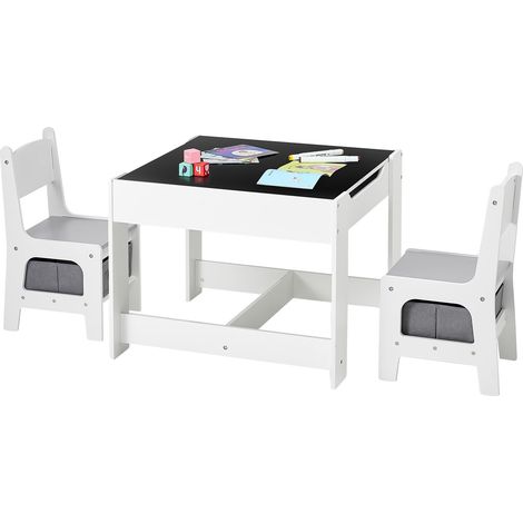 Tavolo per bambini, in legno, con vano portaoggetti, lavagna con 2 sedie, bianco (1/2)