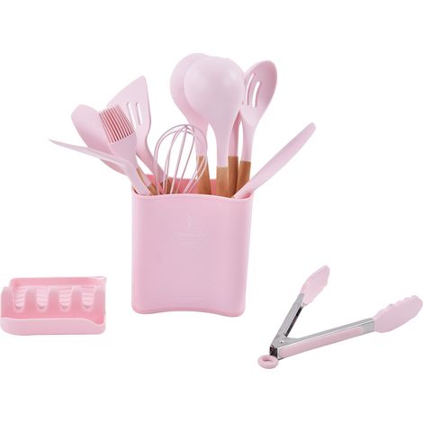 13 pièces ustensiles silicone bois isolant, poignée bois, alimentaire antiadhésif, set cuisine camping (1/5)