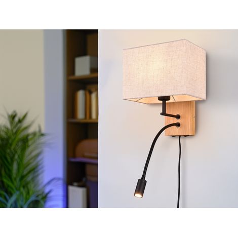 LED Wandleuchte mit Leselampe & eckigem Stoffschirm in Beige, Höhe 30cm (1/5)