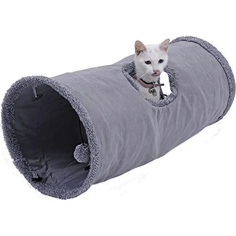 Jouet Tunnel pour Chat en Daim, Grand Tunnel a Chat Pliable avec 2 Trous et Boule Suspendue pour Chats Chatons Lapins Dia25  50cm