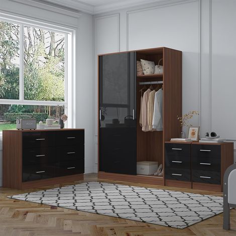 Reflect 2 Door Sliding Wardrobe, 6 Drawer Wide Chest, 2x 3 Drawer Bedsides - Black Gloss & Walnut - Modern Bedroom Furniture Set
