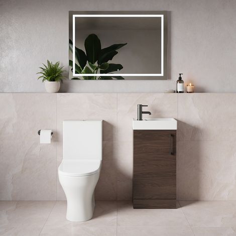 Napoli Cube Brown Oak 400mm Single Door Vanity Unit and Jubilee Toilet Suite with Align Basin - 400mm - Gunmetal Grey 160mm Handle