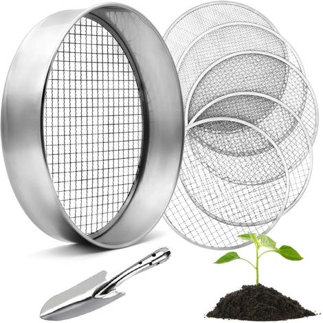 Tamis de jardin rond 30 cm en acier inoxydable avec 5 tamis interchangeables (3/5/8/10/12mm) - Tamis à compost rond pour terre, compost, semences, sable