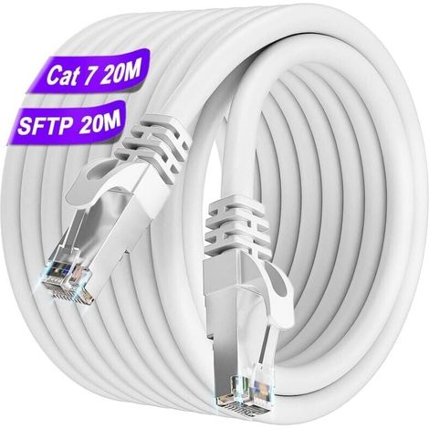 20 m Ethernet-Kabel, RJ45 Cat 7, geschirmtes Kabel, High Speed 10 Gbit/s, 600 MHz, S/FTP, weißes Gigabit-Netzwerkkabel, wasserdichtes LAN-Kabel für den Außenbereich, Internetkabel für Router, Switch, (1/4)