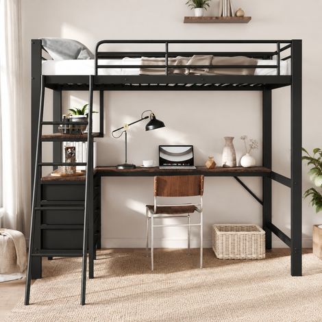 Letto a soppalco per bambini 90x200 cm in metallo nero, salvaspazio, FloraGrace (1/5)