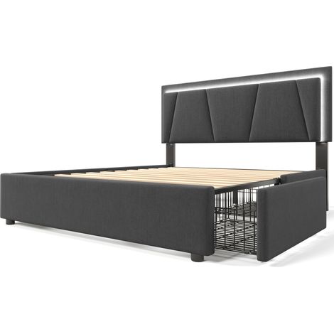 Cama con almacenaje tapizada 140 x 200 cm con LED, 4 cajones, cabecero regulable y colchón gris (1/5)