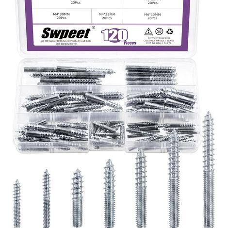 120-piece, 7-size M4 and M6 zinc suspension combination kit, including double-headed bolts, self-tapping suspension screws, threaded rod screws, and seals. (1/5)