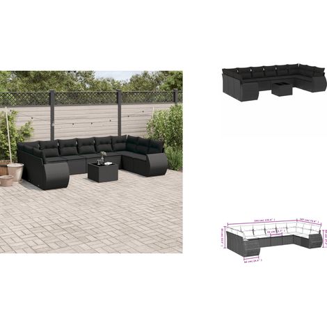 11-tlg. Garten-Sofagarnitur mit Kissen Schwarz Poly Rattan - Gartenmöbel Set - Outdoor Möbel - Rattan Gartenset - Lounge Set - Esstisch Set (1/3)