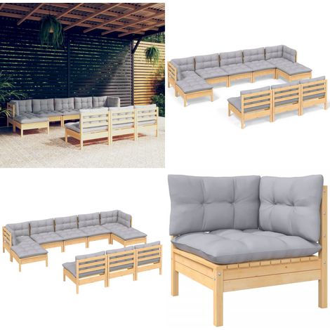 10-tlg. Garten-Lounge-Set mit Grauen Kissen Kiefernholz - Garten-Lounge-Set - Garten-Lounge-Sets - Home & Living (1/5)