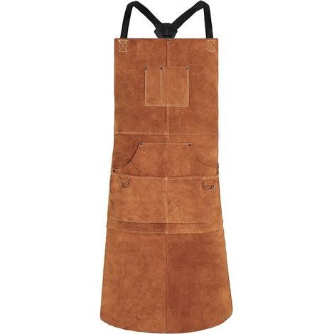 Delantal de soldadura, delantal de trabajo de cuero de vaca con 6 bolsillos, delantal de cocina multifuncional de 61 x 91 cm, tirantes ajustables de la talla M a la XXL para hombres y mujeres (marrón) (1/5)