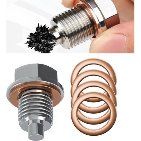 Bouchon de vidange d'huile magnétique M14x1,5 en acier inoxydable avec 5 rondelles en cuivre, étanche, compatible avec Audi, Chevrolet, Ford, Chrysler, Dodge, Honda, Hyundai, Kia, Jeep, Acura et autre (1/5)