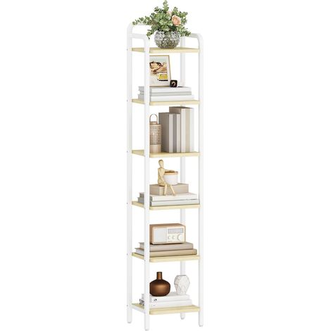 Etagere 6 Niveaux, Bibliotheque, Meuble de Rangement, Étagère d'angle Industriel, pour Bureau, Salon, Chambre, Beige Naturel et Blanc Mat (1/5)