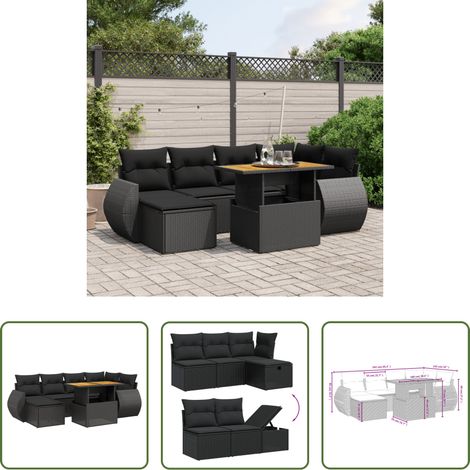 vidaXL Gartentisch mit Bezug - 7-tlg. Garten-Sofagarnitur mit Kissen Schwarz Poly Rattan (1/5)
