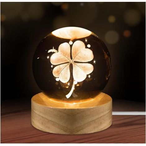Veilleuse Boule de Cristal 3D trèfle à quatre feuilles, lampe LED multicolore sur base en bois, décoration. (1/5)