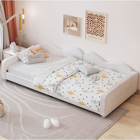 Cama infantil 214.5x95x42 cm blanca tapizada en Lammfell-Optik con respaldo y somier de láminas (1/5)