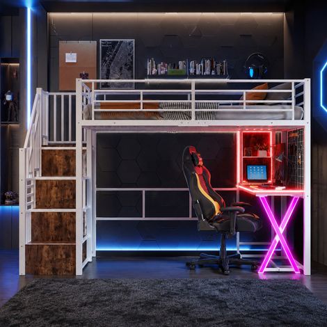 Hochbett 90x200 cm Weiß aus Metall und MDF mit Schreibtisch, Kleiderschrank, Ablageleiter und LED-Licht (1/5)