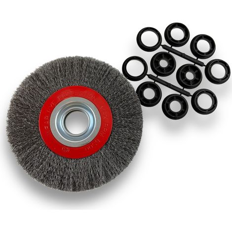 Brosse circulaire ACIER Ø 175 mm Epaisseur 2 rangs Fil souple 0.20 mm ondulé Alésage 32 mm + réducteur bague 25/22/20/16/12 mm Touret meuleuse affûteuse ponceuse Kibros 235177AV (1/5)