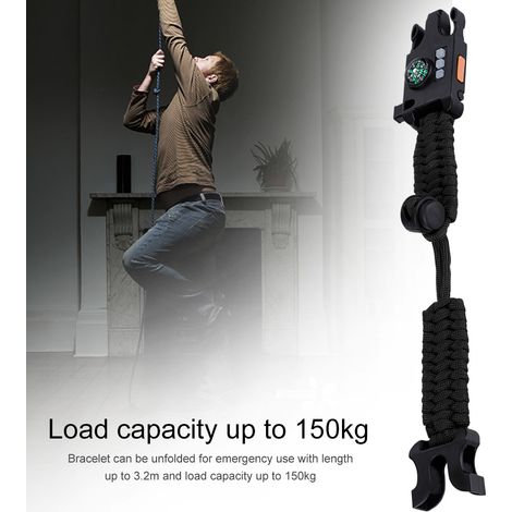 Sifflet de survie en extérieur, mini boussole, lampe torche LED, bracelet en paracorde, outil (noir) (1/5)