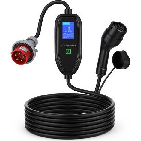 Jiubiaz Mobile Wallbox Typ 2 11 kW 400 V, EV Ladegerät 6–16 A, 7 m Ladekabel mit CEE, 3-phasig, IP65, Timer und Schuko-Adapter für E-Auto (1/5)