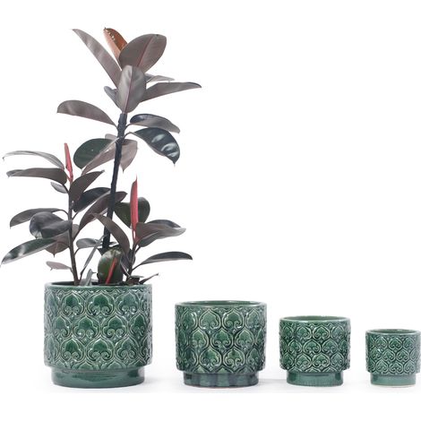 Lot 4 pots en céramique Ø38/31,5/24/19 cm, émail vert profond brillant, motif cœur, pour intérieur, balcon, jardin & terrasse (1/5)