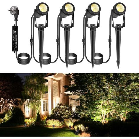 4 PACK Lampes de Paysage Basse Tension, 12W 15M Câble Spot Extérieur avec Transformateur 12V, IP65 Spot Étanche à Brancher 2700K Blanc Chaud pour Plantes, Pelouse, Arbres (1/5)