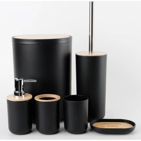 Ensemble d'accessoires de Salle de Bain avec Poubelle, Porte-Brosse à Dents, Distributeur de Savon, Porte-Savon, gobelet (Housse en Bambou Noir)
