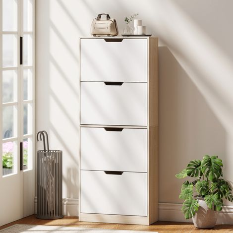 Zapatero delgado que ahorra espacio con 4 puertas abatibles, zapatero de entrada con estantes ajustables, soporte para 16 pares de zapatos con tirador empotrado, 62,5 x 26 x 156 cm, color madera y bla