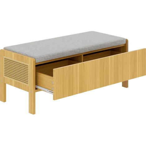 Banc de rangement avec assise et 2 tiroirs, côtés en rotin naturel, 113 x 45,5 x 40 cm, gris et naturel (1/5)