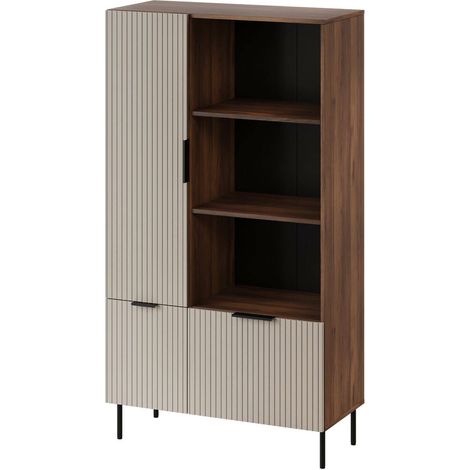 Bibliothèque Mazze, étagère à compartiments ouverts et trois portes, design moderne et minimaliste, 165x42 h90 cm, noyer et beige (1/5)