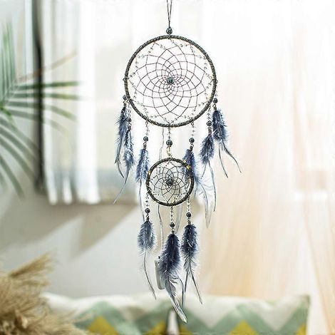 Pendentif attrape-rêves gris (13 x 50 cm), petit attrape-rêves indien en perles d'argent et plumes, fait main. (1/5)