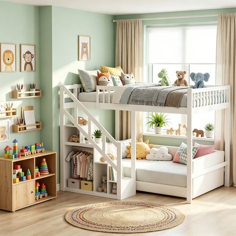 Lit mezzanine 140x200cm,lit Superposé enfant avec rangements intégrés,structure en bois massif, clôture haut, Design moderne pour chambre d'enfant,blanc (1/5)