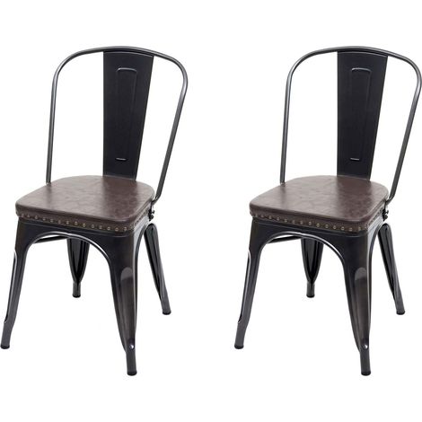 Set 2x sedie impilabili design industriale HHG-447e acciaio verniciato ecopelle nero e marrone