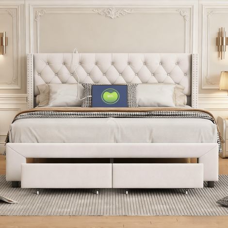 Cadre de lit 140x200 cm avec 2 tiroirs, Lit adulte double avec éclairage LED et port USB, sommier à lattes, tête de lit capitonné, Velours, Beige (1/5)