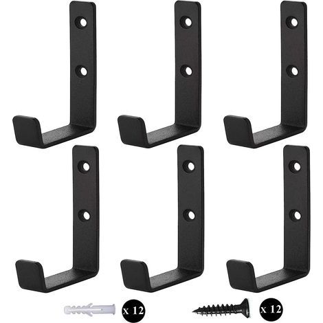 6Pcs Heavy Duty Wall Hooks, J Hooks for Garage, Black Universal Screw-in Hooks, Coat Rack, Strong Coat Hooks, for Hanging, Garage, Wall Mount for Bulky Items