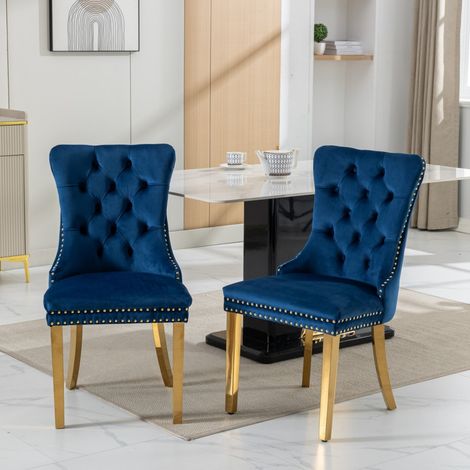 Lote de 2 sillas de comedor - 65 x 50 x 95 cm - Estilo moderno acolchado con remaches - Terciopelo azul y patas de acero inoxidable dorado