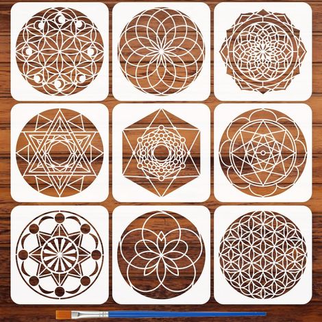 9Pcs Sacrée Géométrie Peinture Pochoirs Avec Un Pinceau 20x20cm Mandala Et Métatron Cube Designs Pochoirs Thèmes Motifs PET Gabarit Pour Bois Sol Carrelage Mur Tissu Meuble DIY (1/5)