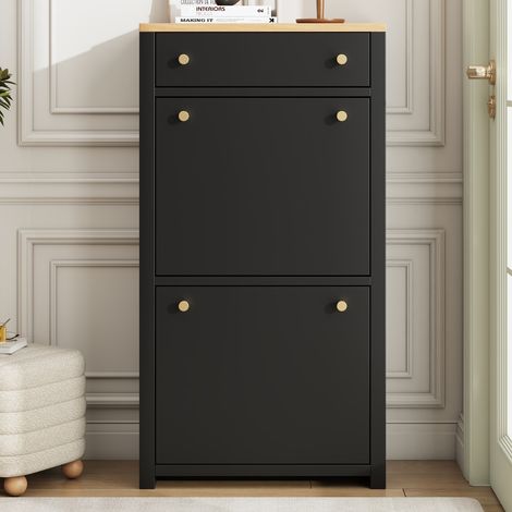Meuble à chaussures moderne un tiroir deux trappes étagères modulables poignées métalliques corps noir imitation bois 50 × 24 × 95 cm vestibule (1/4)
